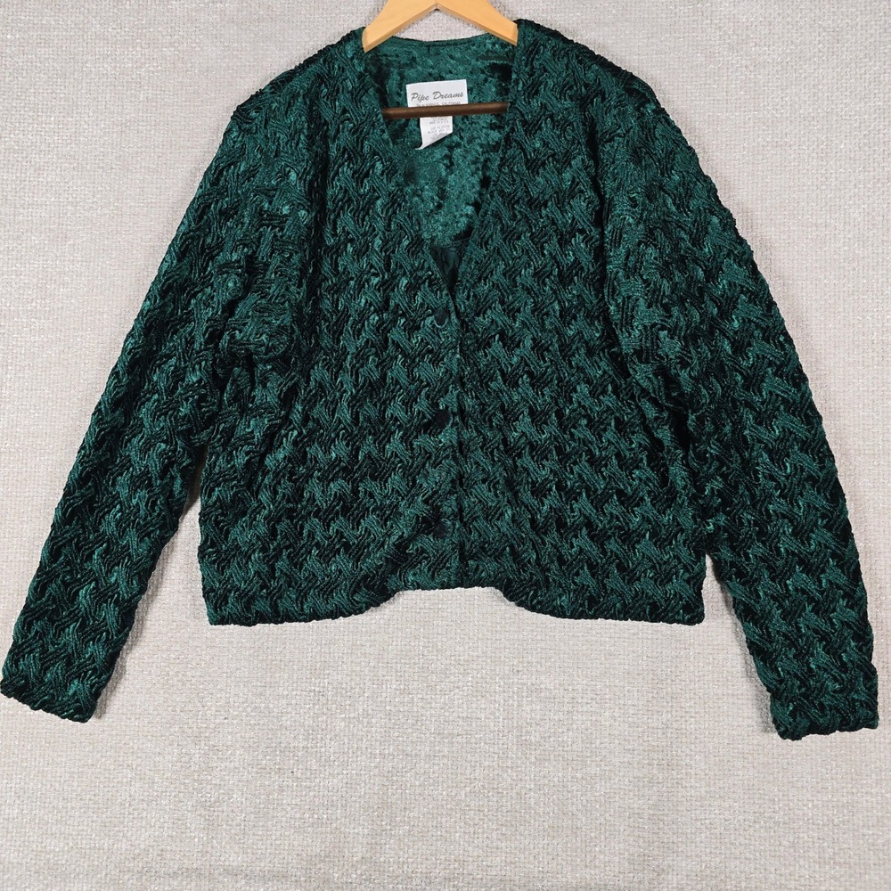 Pipe Dreams Vintage Emerald Green Textured Wavy Knit Button Cardigan USA Large